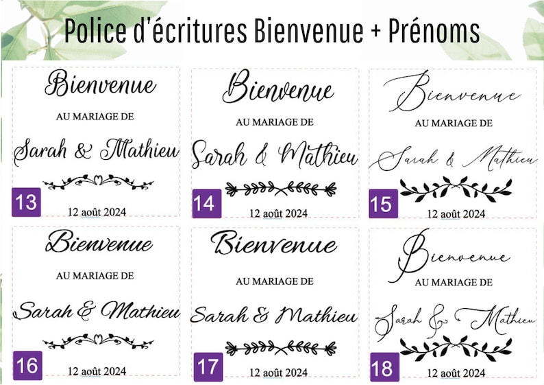 May include: A collection of wedding invitation design options featuring the word "Bienvenue" (Welcome) and the names Sarah & Mathieu, with the date August 12, 2024. Each design showcases a different font and decorative element.