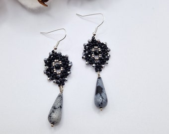 handmade Miyuki bead earrings - gold silver - obsidian