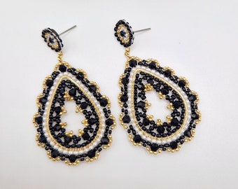 handmade Miyuki pearl earrings - black white gold