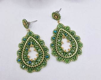 handmade Miyuki bead earrings - green gold small