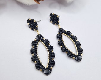 handmade Miyuki bead earrings - black gold silver