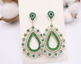 handmade Miyuki bead earrings - white green small