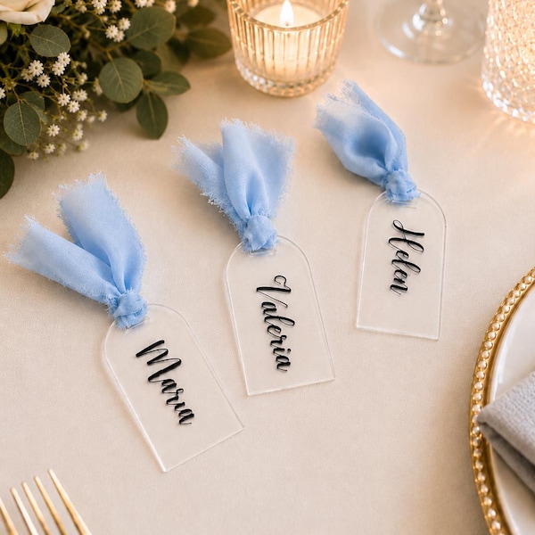 Custom Acrylic Name Tags With Ribbon | Wedding Place Cards, Table Decor (3.5 x 1.7 inch)