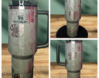 30oz 40oz Green Hammertone Cypress Protour Stanley Tumbler Custom Laser Engraved Giant Monstera Leaves Plantaholic