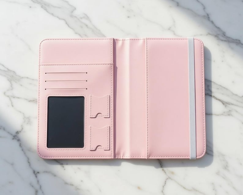Puede incluir: Funda de cuaderno de polipiel rosa claro abierta, con ranuras para tarjetas, una ventana de identificaci&oacute;n transparente y un cierre de banda el&aacute;stica. El cuaderno est&aacute; abierto, revelando las p&aacute;ginas interiores. La funda est&aacute; sobre una superficie de m&aacute;rmol blanco.