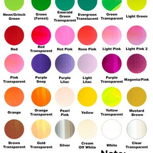 May include: A chart of paint colors with names for each color. The colors include black, blue, sky blue, light blue, blue transparent, blue/green, neon/grinch green, green (forest), emerald green transparent, evergreen translucent, green transparent, light green, red, red transparent, hot pink, rose pink, light pink, light pink 2, pink transparent, purple deep, purple lilac, light lilac, purple transparent, magenta/pink, orange, orange transparent, pearl pink, yellow, yellow transparent, mustard brown, brown transparent, gold transparent, silver, cream off white, white, clear transparent, glow in the dark (pink/orange), glow in the dark (white/blue), and grey. The text "Note: Transparent and Clear are the same" is at the bottom of the chart.
