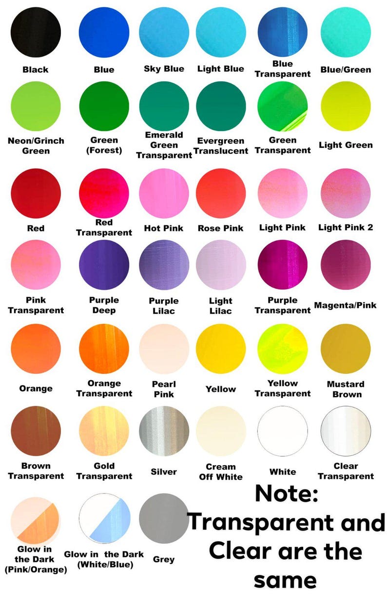 May include: A chart of paint colors with names for each color. The colors include black, blue, sky blue, light blue, blue transparent, blue/green, neon/grinch green, green (forest), emerald green transparent, evergreen translucent, green transparent, light green, red, red transparent, hot pink, rose pink, light pink, light pink 2, pink transparent, purple deep, purple lilac, light lilac, purple transparent, magenta/pink, orange, orange transparent, pearl pink, yellow, yellow transparent, mustard brown, brown transparent, gold transparent, silver, cream off white, white, clear transparent, glow in the dark (pink/orange), glow in the dark (white/blue), and grey. The text "Note: Transparent and Clear are the same" is at the bottom of the chart.