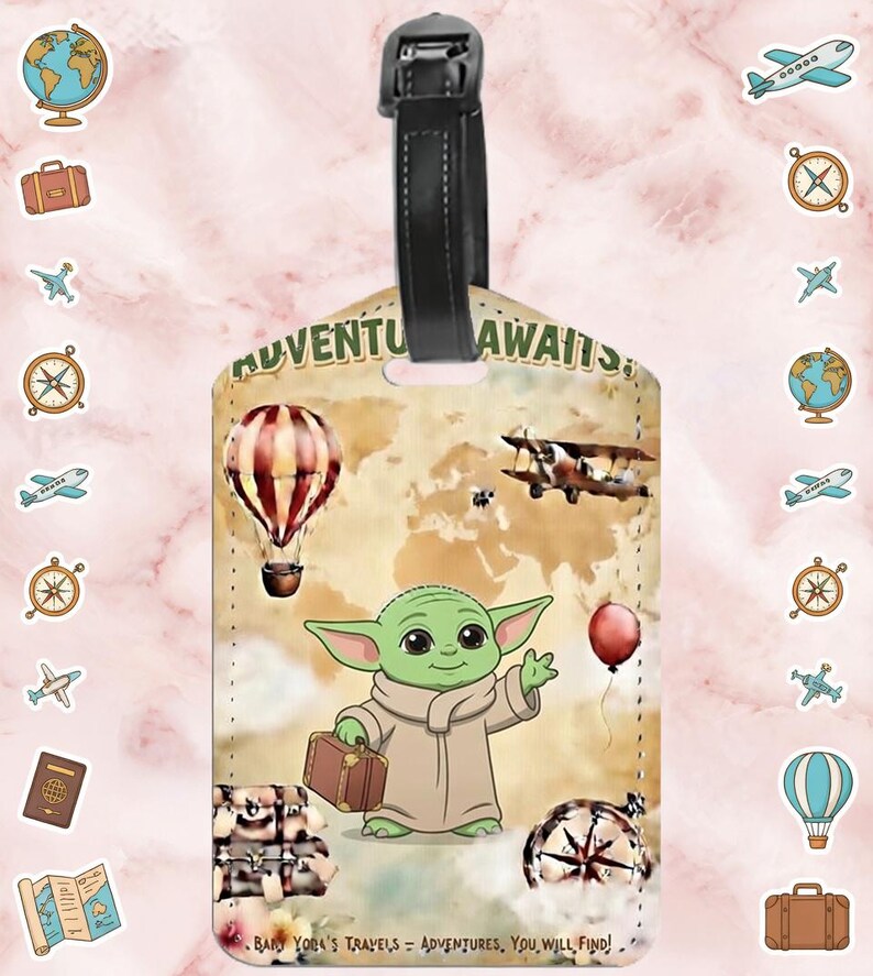 Yoda Grogu Personalized Travel Luggage Tag | Cute Adventure Bag Tag, Custom Name Tag for Kids & Adults, Vacation Gift, Travel Accessories image 1