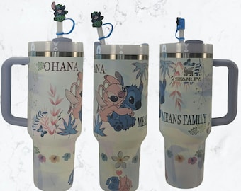 FREE Name Tag Lid Topper Authentic 40oz Stanley Tumbler Custom-printed Stitch and Angel Ohana Means Family