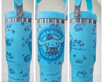 Bonita botella de agua con pajita y asa Cinnamoroll azul de 30 oz