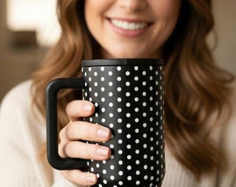 40oz Black Hydrojug Custom-Printed With White Polka Dots UV DTF Waterproof Stickers