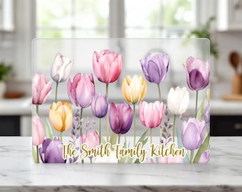 Personalize Tempered Glass Cutting Board - Tulips Floral Family Name | Mom & Dad Gift | Custom Kitchen Decor | Housewarming Gift | New Home