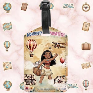 Etiqueta personalizada para equipaje de viaje de Moana / Etiqueta para mochila de aventura, Etiqueta con nombre personalizada para niños y adultos, Regalo de vacaciones, Accesorios de viaje para fans de Moana imagen 1