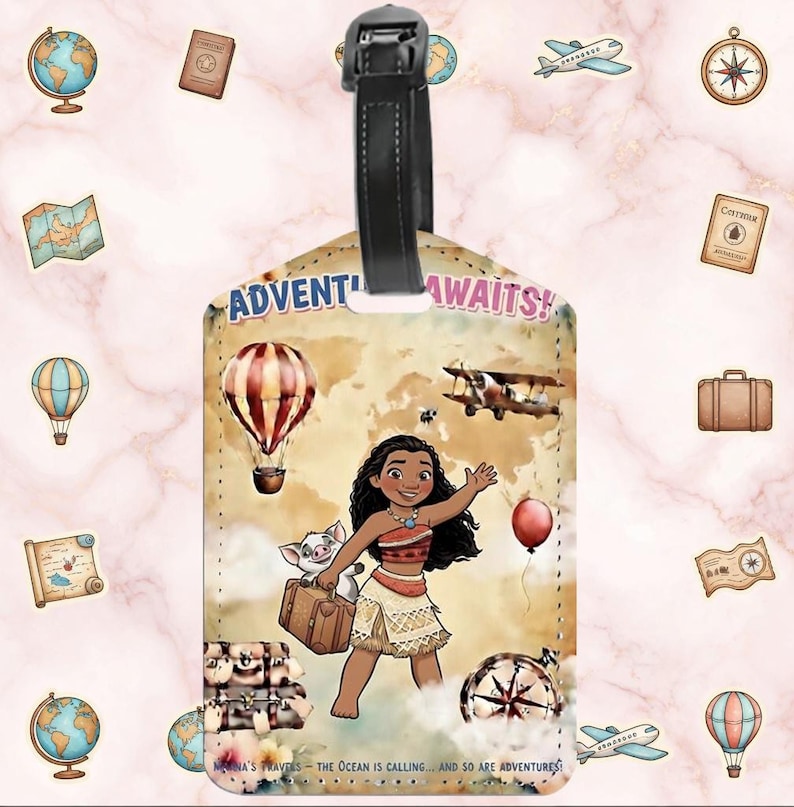 Etiqueta personalizada para equipaje de viaje de Moana / Etiqueta para mochila de aventura, Etiqueta con nombre personalizada para niños y adultos, Regalo de vacaciones, Accesorios de viaje para fans de Moana imagen 1