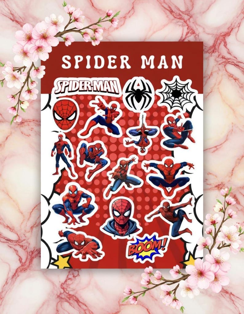 K&ouml;nnte beinhalten: Ein Bogen mit Spider-Man-Aufklebern auf rotem Hintergrund. Die Aufkleber zeigen verschiedene Posen von Spider-Man, seine Maske und das Wort "BOOM!". Oben auf dem Bogen steht "SPIDER MAN" in wei&szlig;en Buchstaben. Rosa Bl&uuml;ten und Bl&auml;tter befinden sich in den Ecken.