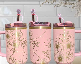 Authentic 30oz 40oz Antique Pink Stanley Tumbler Custom Laser Engraved Floral Lotus Boho Flowers