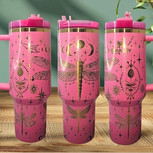 FREE NAME TAG Lid Topper Authentic 30oz 40oz Pink Glinda Stanley Tumbler Custom Laser Engraved Magical Whimsical Dragonflies