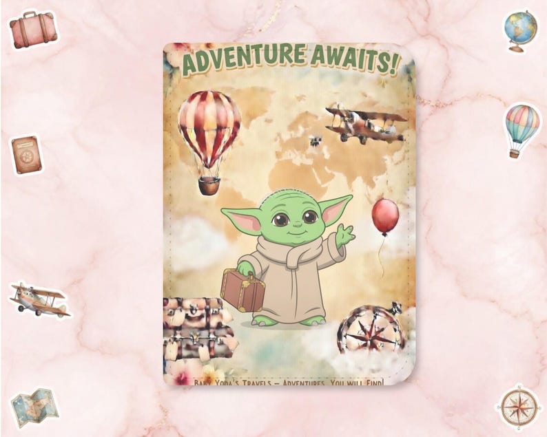 Puede incluir: Ilustraci&oacute;n con tem&aacute;tica de viajes con un personaje verde sosteniendo una maleta y un globo rojo. El fondo incluye un mapa, globos aerost&aacute;ticos y un avi&oacute;n. El texto "ADVENTURE AWAITS!" se muestra en la parte superior. Pegatinas de viaje adicionales.