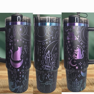 FREE NAME TAG Lid Topper Authentic  30oz 40oz Black Chroma Stanley Tumbler Custom Laser Engraved Crescent Moon Stars Celestial Cats