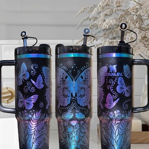 FREE NAME TAG Lid Topper Authentic  30oz 40oz Black Chroma Stanley Tumbler Custom Laser Engraved Boho Flowers and Whimsical Butterflies
