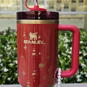 FREE Accessories  Authentic 40oz Pink Scarlet Red Shimmer Glitter Stanley Tumbler Custom Laser Engraved Valentine Heart Pendants