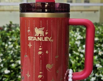 FREE Accessories  Authentic 40oz Pink Scarlet Red Shimmer Glitter Stanley Tumbler Custom Laser Engraved Valentine Heart Pendants