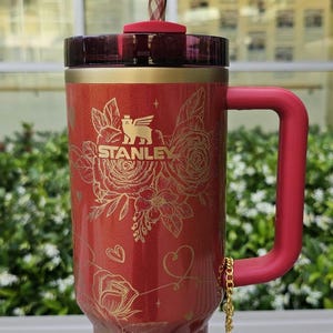FREE Accessories Authentic 40oz Pink Scarlet Red Shimmer Glitter Stanley Tumbler Custom Laser Engraved Valentine Roses Hearts
