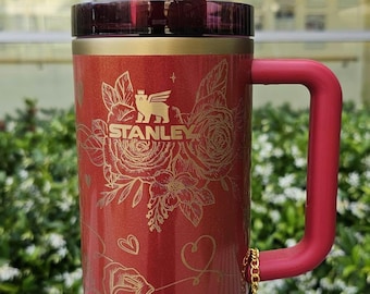 FREE Accessories Authentic 40oz Pink Scarlet Red Shimmer Glitter Stanley Tumbler Custom Laser Engraved Valentine Roses Hearts