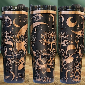 Lotus Flowers Crescent Moon Laser Engraved on Black 40oz Tumbler Copper Gold Plating