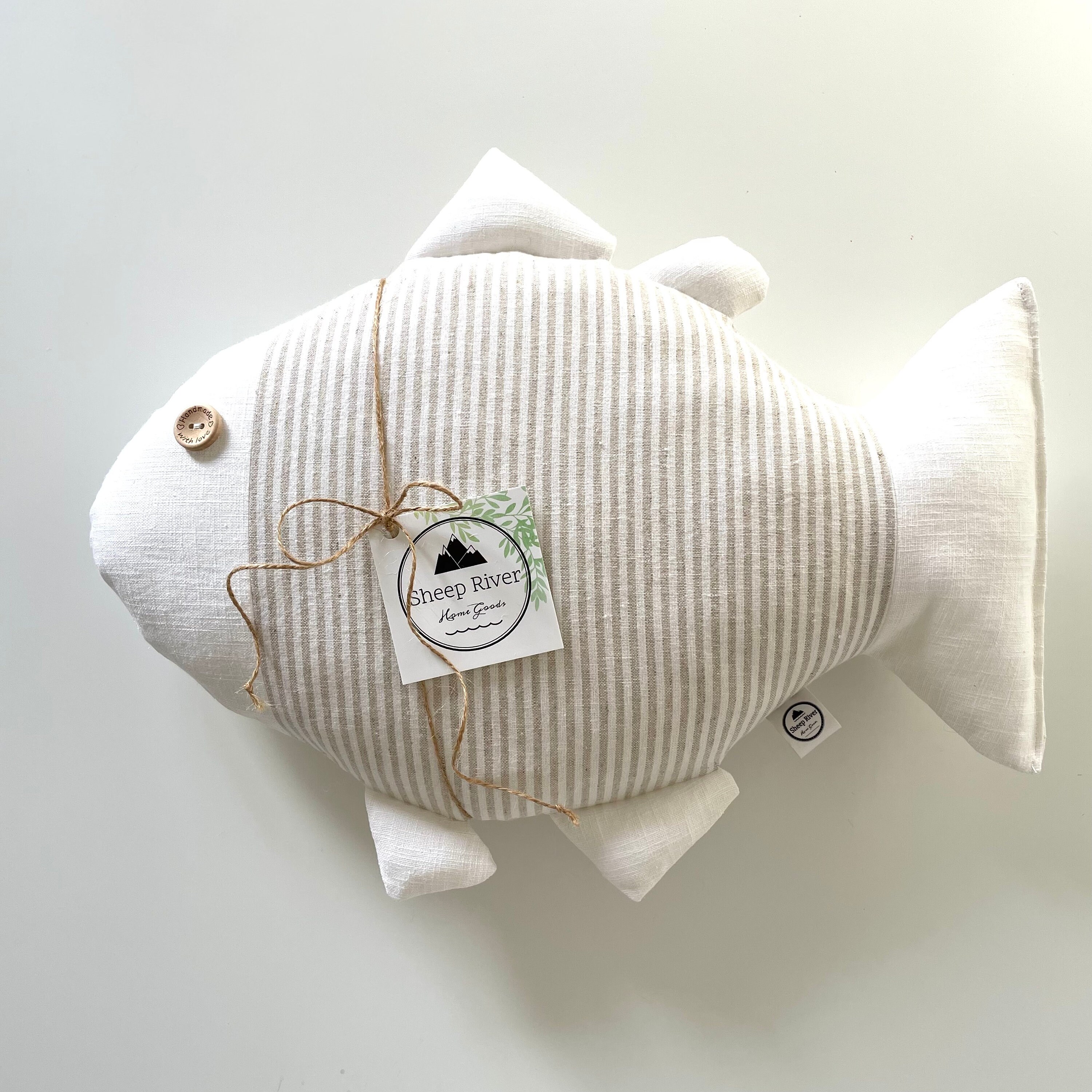 Fish Shaped Pillow in White and Beige Striped Linen by Sheep Etsy