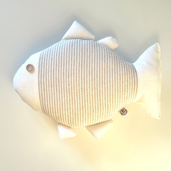 Fish Shaped Pillow in White and Beige Striped Linen by Sheep Etsy