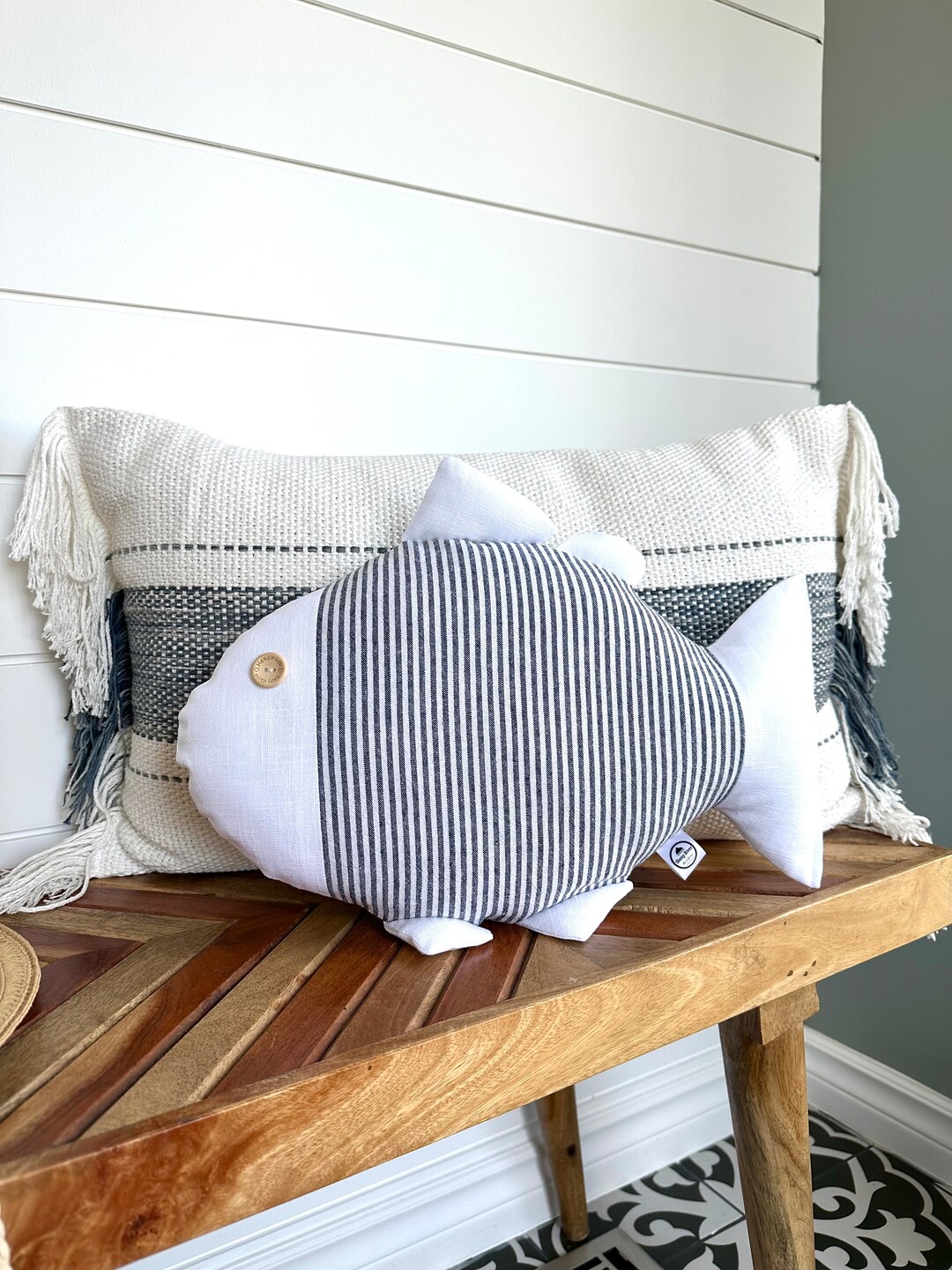 Fish Shaped Pillow Striped Navy Blue and White Linen by Sheep River