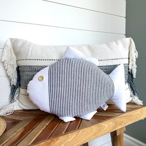 Fish Shaped Pillow Striped Navy Blue and White Linen by Sheep River Home Goods