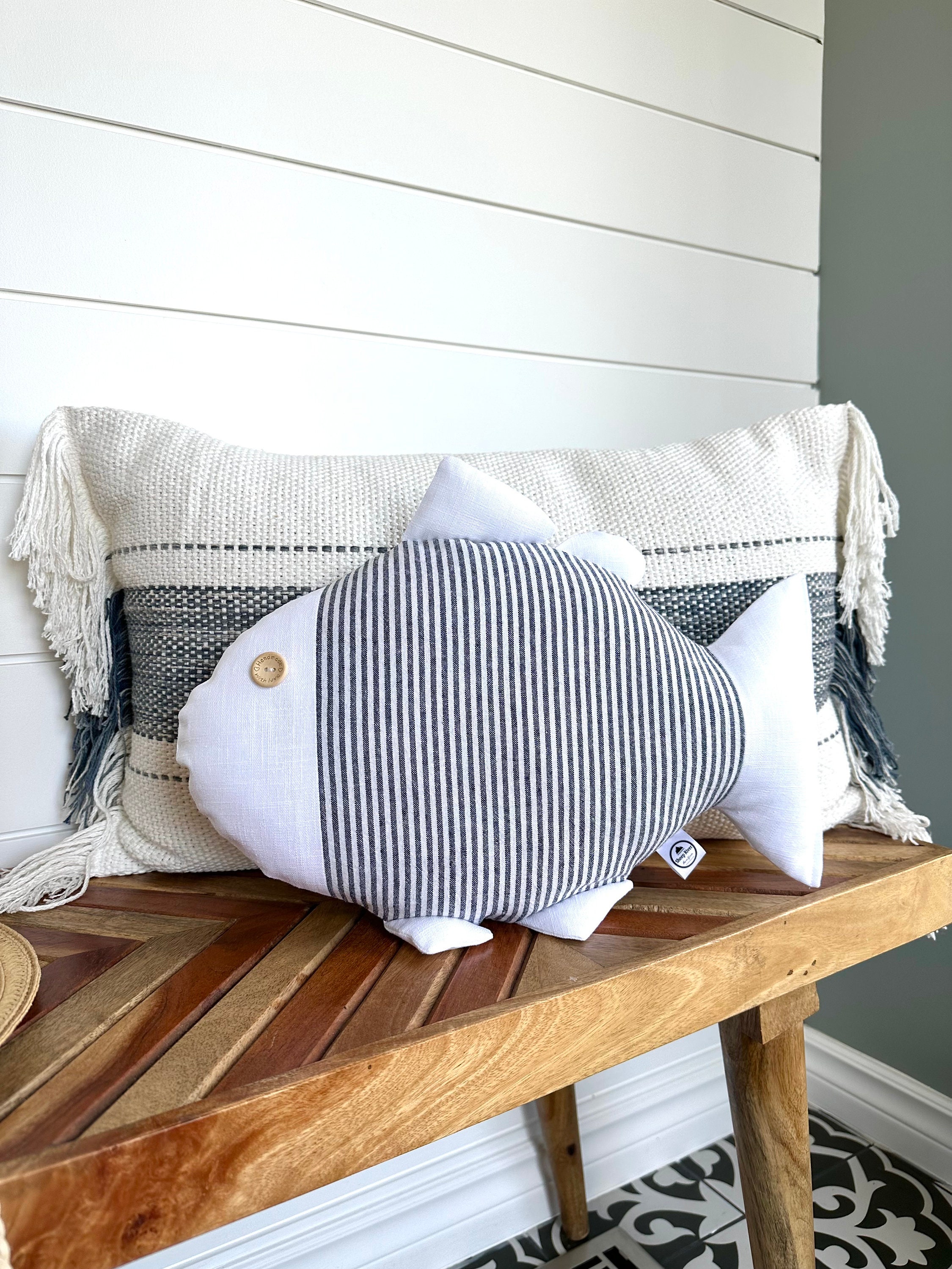 Fish Shaped Pillow Striped Navy Blue and White Linen by Sheep River Home  Goods