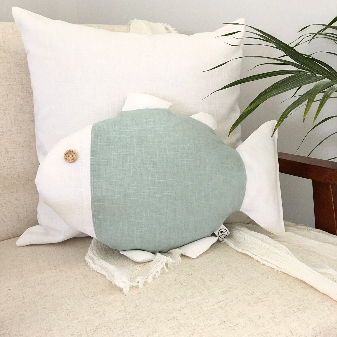 Fish Shaped Pillow in White and Seafoam Green Linen Etsy