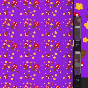 May include: A repeating pattern of red mushrooms with white spots and brown stems, along with yellow star-shaped flowers, is set against a vibrant purple background. The design is whimsical and playful, suitable for various applications.