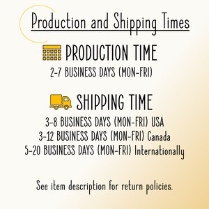 May include: A graphic with a calendar icon and a truck icon, showing production and shipping times for an item. Production time is 2-7 business days (Monday-Friday). Shipping time is 3-8 business days (Monday-Friday) for the USA, 3-12 business days (Monday-Friday) for Canada, and 5-20 business days (Monday-Friday) internationally. The text also states to see the item description for return policies.