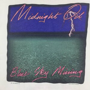 May include: White t-shirt with a graphic print of a blue sky with a lightning bolt and the text "Midnight Oil" in pink. The bottom of the graphic has a green, textured surface with the text "Blue Sky Mining" in pink.