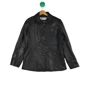 May include: A black leather jacket with a button-up front and a label that reads "Armin" on the inside collar.