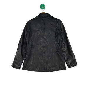May include: A black leather jacket with a classic design. The jacket has a collar, long sleeves, and a button closure.