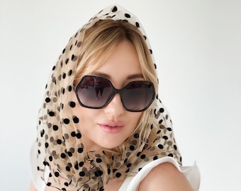 Women Scarf Polka Dot Headscarf Large Square Triangle Tulle Shawl Fashion Designer Scarves Hair Bandana Lace Mesh Thin Satin Chiffon Beige