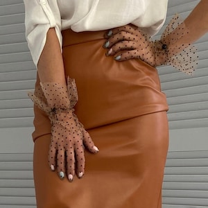 Tulle Gloves for Women Beige & Black Polka Dot Lace Opera girls gloves nylon transperent mesh satin vintage retro elbow ruffle sheer gloves