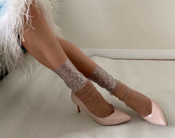 Chaussettes en tulle pailleté, Chaussettes transparentes, Chaussettes tendance, Chaussettes à la mode, Chaussettes pour mariage, Chaussettes en dentelle pour femmes, Chaussettes argentées, Chaussettes à paillettes 0501