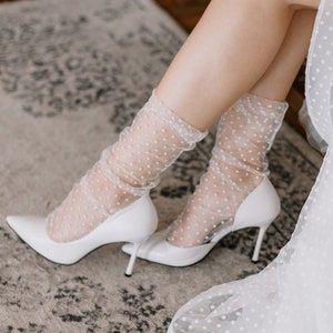 Wedding Socks, White Polka Dot Tulle Socks for Bridal, Sheer Mesh Lace Nylon Transparent Thin Bridesmaid Fashion Trendy Hosiery for Women White / 0402