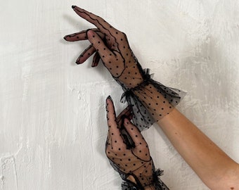 Tulle Gloves for Women Black Polka Dot Lace Opera girls gloves nylon transperent mesh satin vintage retro elbow ruffle sheer gloves beige