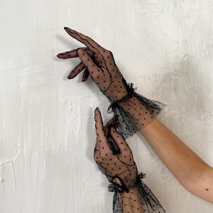 Tulle Gloves for Women Black Polka Dot Lace Opera girls gloves nylon transperent mesh satin vintage retro elbow ruffle sheer gloves beige