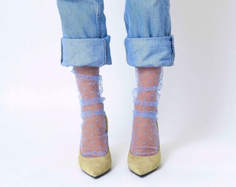Polka Dot Socks, Blue Tulle Socks, Lace Transparent Socks Women, Sheer Ankle Socks, Cute Mesh Socks, Socks for Heels, Casual Colorful Socks
