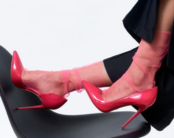 Hot Pink Socks for Women, Vibrant Summer Socks, Sheer Tulle Socks, Mesh Socks, Sheer Ankle Socks, Fun Dress Socks, Socks for Heels, 0111