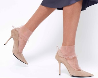 Tulle Ruffle Socks, Powdery Sheer Tulle Bell Socks, Ankle Bell Lace Socks Women, White Designer Socks, Ruffle Socks, mesh black nylon socks