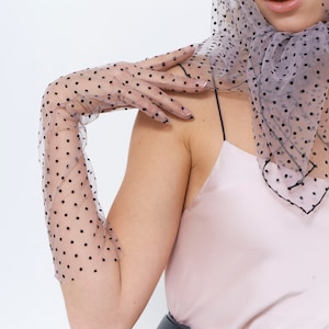 Tulle Gloves for Women, Polka Dot Small Black Dots, Mesh Sheer Nylon Transparent Opera Long Lace Vintage Retro Elbow Ruffle Accessories